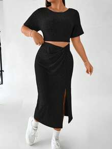 Flirla Đầm Plus Size Cắt ra xoắn lại Tách cao màu trơn Giải trí - màu đen - Xem 8