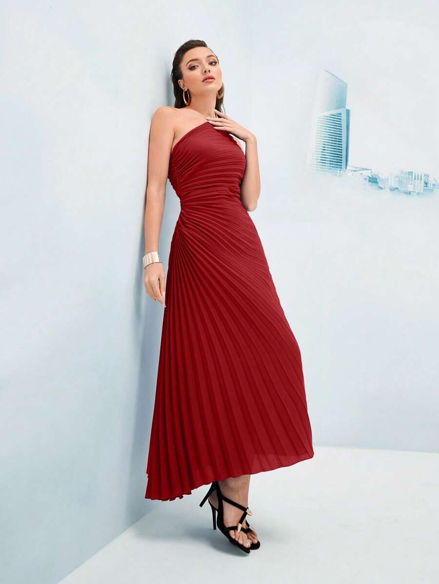Modelyn One Shoulder Pleated Hem Dress - Red - View 1
