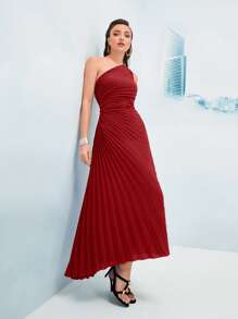 Modelyn One Shoulder Pleated Hem Dress - Red - View 5