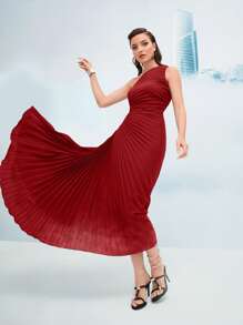 Modelyn One Shoulder Pleated Hem Dress - Red - View 6
