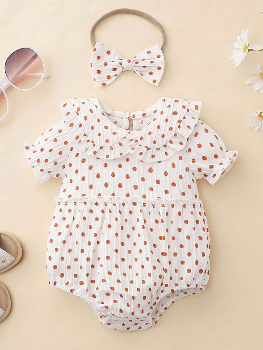 Bodysuits Em bé viền lá sen Chấm bi - Hồng - Xem 1