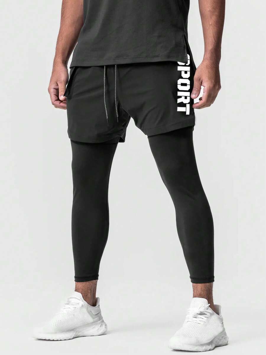 Running Men Letter Graphic 2 In 1 Sports Trousers - Black - View 1