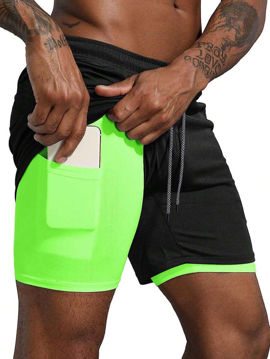 Manfinity Sport Corelite 男士撞色腰部抽繩二合一運動短褲帶手機袋 - 黑色 - 查看 1