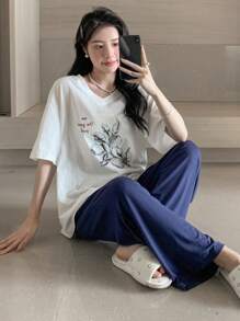 DAZY Letter Graphic Drop Shoulder Oversized Lounge Set - Navy Blue - View 3