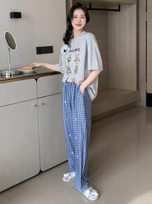 DAZY Cartoon & Letter Graphic Drop Shoulder PJ Set - Multicolor - View 2