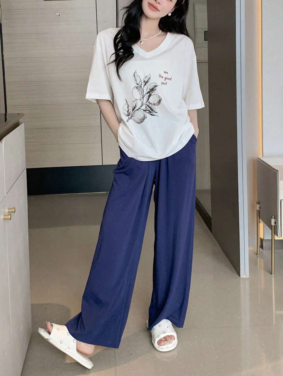 DAZY Letter Graphic Drop Shoulder Oversized Lounge Set - Navy Blue - View 1