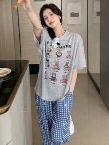 DAZY Cartoon & Letter Graphic Drop Shoulder PJ Set - Multicolor - View 3