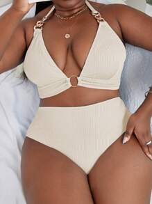 Swim Lushoire Summer Beach Plus Size Ring Linked Halter Bikini Set - Beige - View 1