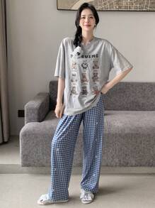 DAZY Cartoon & Letter Graphic Drop Shoulder PJ Set - Multicolor - View 6