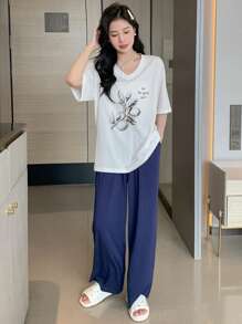 DAZY Letter Graphic Drop Shoulder Oversized Lounge Set - Navy Blue - View 4