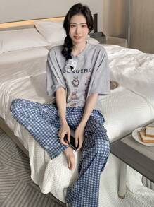 DAZY Cartoon & Letter Graphic Drop Shoulder PJ Set - Multicolor - View 1