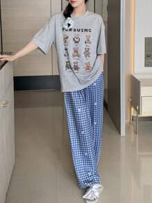 DAZY Cartoon & Letter Graphic Drop Shoulder PJ Set - Multicolor - View 5