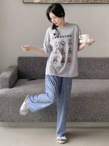 DAZY Cartoon & Letter Graphic Drop Shoulder PJ Set - Multicolor - View 8