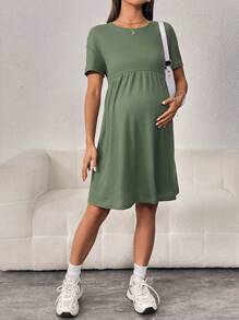 SHEIN Maternity Solid Drop Shoulder Dress - Army Green - View 4