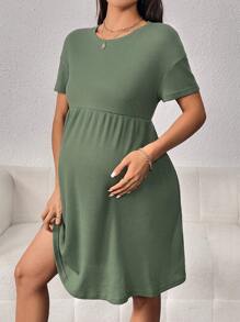 SHEIN Maternity Solid Drop Shoulder Dress - Army Green - View 5