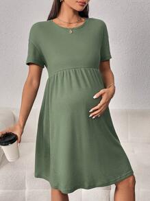 SHEIN Maternity Solid Drop Shoulder Dress - Army Green - View 1