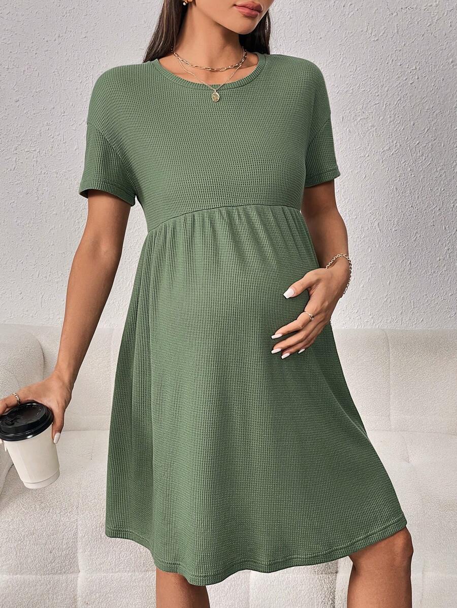 SHEIN Maternity Solid Drop Shoulder Dress - Army Green - View 1