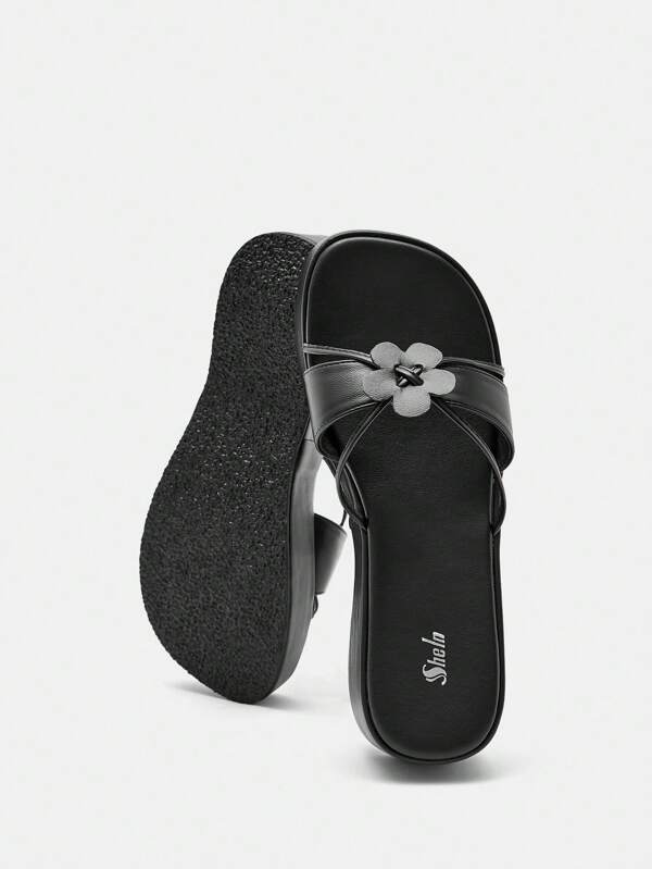 SHEIN ICON Elegant Black Wedge Slide Sandals For Women, Flower Decor