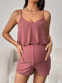 SHEIN Maternity Rib Knit Cami Romper - Redwood - View 4