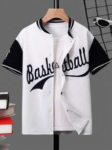 SHEIN Boys Letter Graphic Striped Trim Baseball Collar Shirt Without Tee - White - View 1