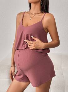 SHEIN Maternity Rib Knit Cami Romper - Redwood - View 5