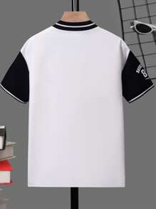 SHEIN Boys Letter Graphic Striped Trim Baseball Collar Shirt Without Tee - White - View 2