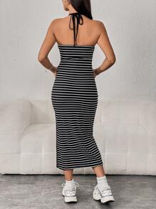 SHEIN Maternity Striped Split Thigh Halter Neck Backless Dress - Black - View 2