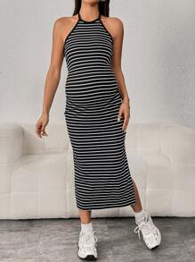 SHEIN Maternity Striped Split Thigh Halter Neck Backless Dress - Black - View 3