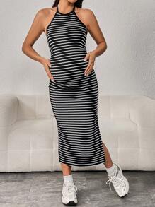 SHEIN Maternity Striped Split Thigh Halter Neck Backless Dress - Black - View 4