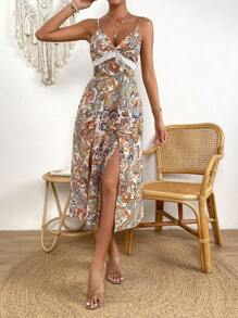 SHEIN VCAY Paisley Print Contrast Lace Split Thigh Cami Dress - Apricot - View 5