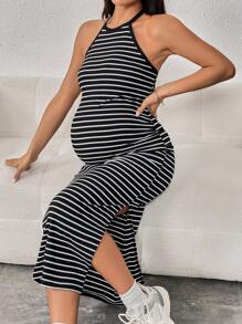 SHEIN Maternity Striped Split Thigh Halter Neck Backless Dress - Black - View 7