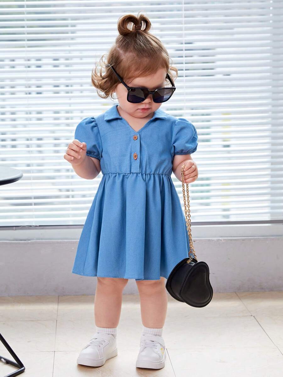 SHEIN Baby Puff Sleeve Half Button Shirt Dress - Blue - View 1