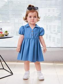 SHEIN Baby Puff Sleeve Half Button Shirt Dress - Blue - View 4