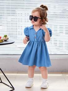 SHEIN Baby Puff Sleeve Half Button Shirt Dress - Blue - View 5