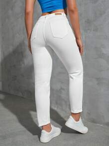SHEIN EZwear Solid Slant Pocket Mom Fit Jeans - White - View 2