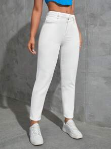 SHEIN EZwear Solid Slant Pocket Mom Fit Jeans - White - View 3