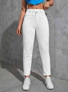 SHEIN EZwear Solid Slant Pocket Mom Fit Jeans - White - View 4