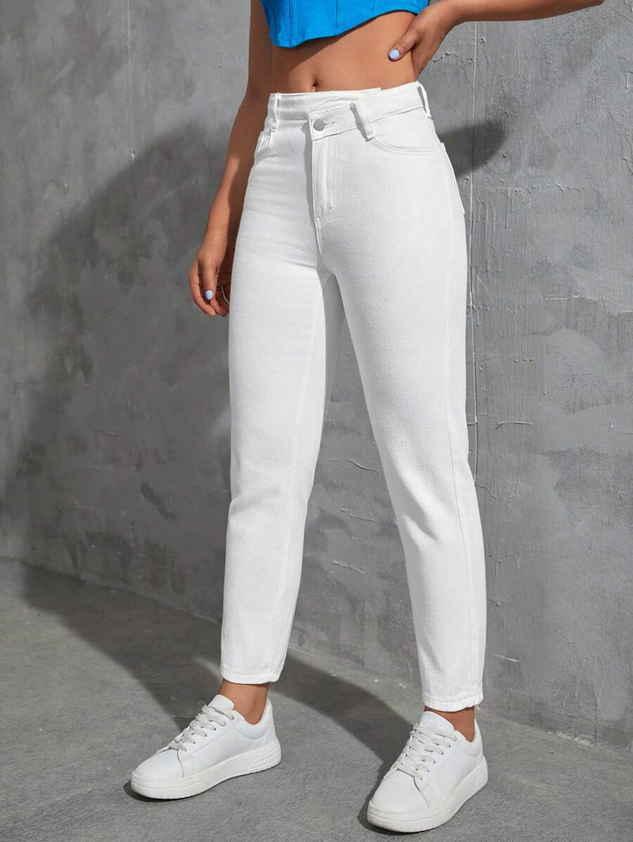 SHEIN EZwear Solid Slant Pocket Mom Fit Jeans - White - View 1