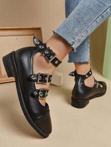 女士極簡氣眼搭扣裝飾瑪麗珍龐克平底鞋黑色 - 黑色 - 查看 2