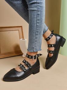 女士極簡氣眼搭扣裝飾瑪麗珍龐克平底鞋黑色 - 黑色 - 查看 3