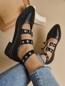 女士極簡氣眼搭扣裝飾瑪麗珍龐克平底鞋黑色 - 黑色 - 查看 4