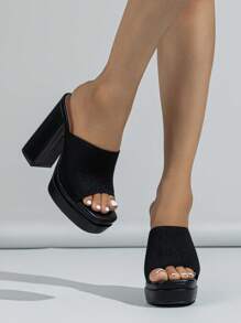 女士極簡防水台粗跟穆勒涼鞋,優雅夏天黑色素色高跟涼鞋 - 黑色 - 查看 5