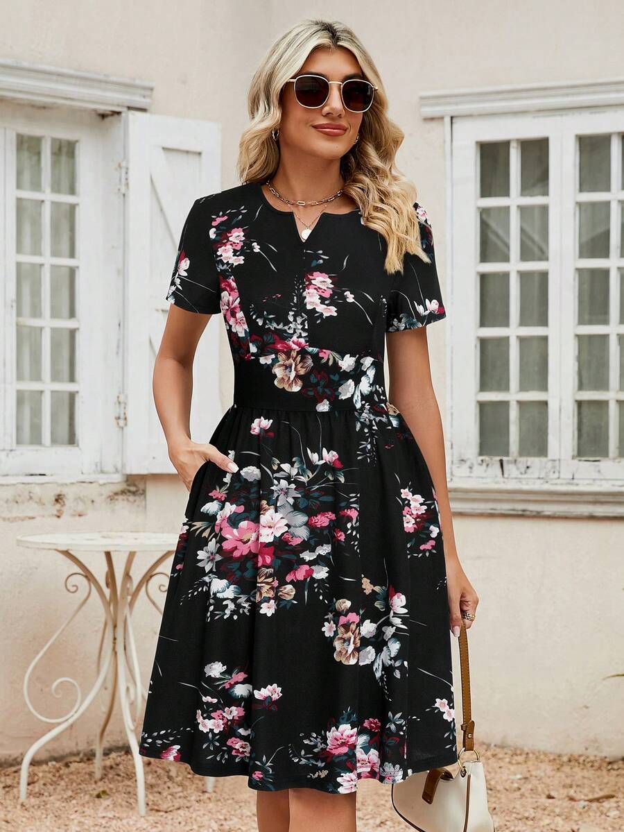 印花缺口領隱藏口袋連衣裙 - 黑色 - 查看 1