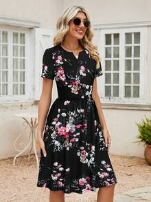 印花缺口領隱藏口袋連衣裙 - 黑色 - 查看 3