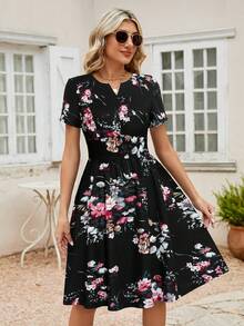 印花缺口領隱藏口袋連衣裙 - 黑色 - 查看 4