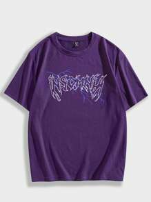 ROMWE MEN Goth Men Cotton Letter Graphic Y2k T-Shirt, School - Purple - View 1