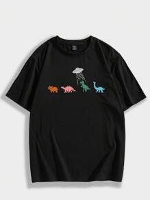 ROMWE MEN Street Life Camiseta gráfica de algodón con dinosaurio de dibujos animados para hombres, escolar - Negro - Ver 1