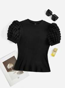 SHEIN MOD Puff Sleeve Rib-knit Tee - Black - View 1