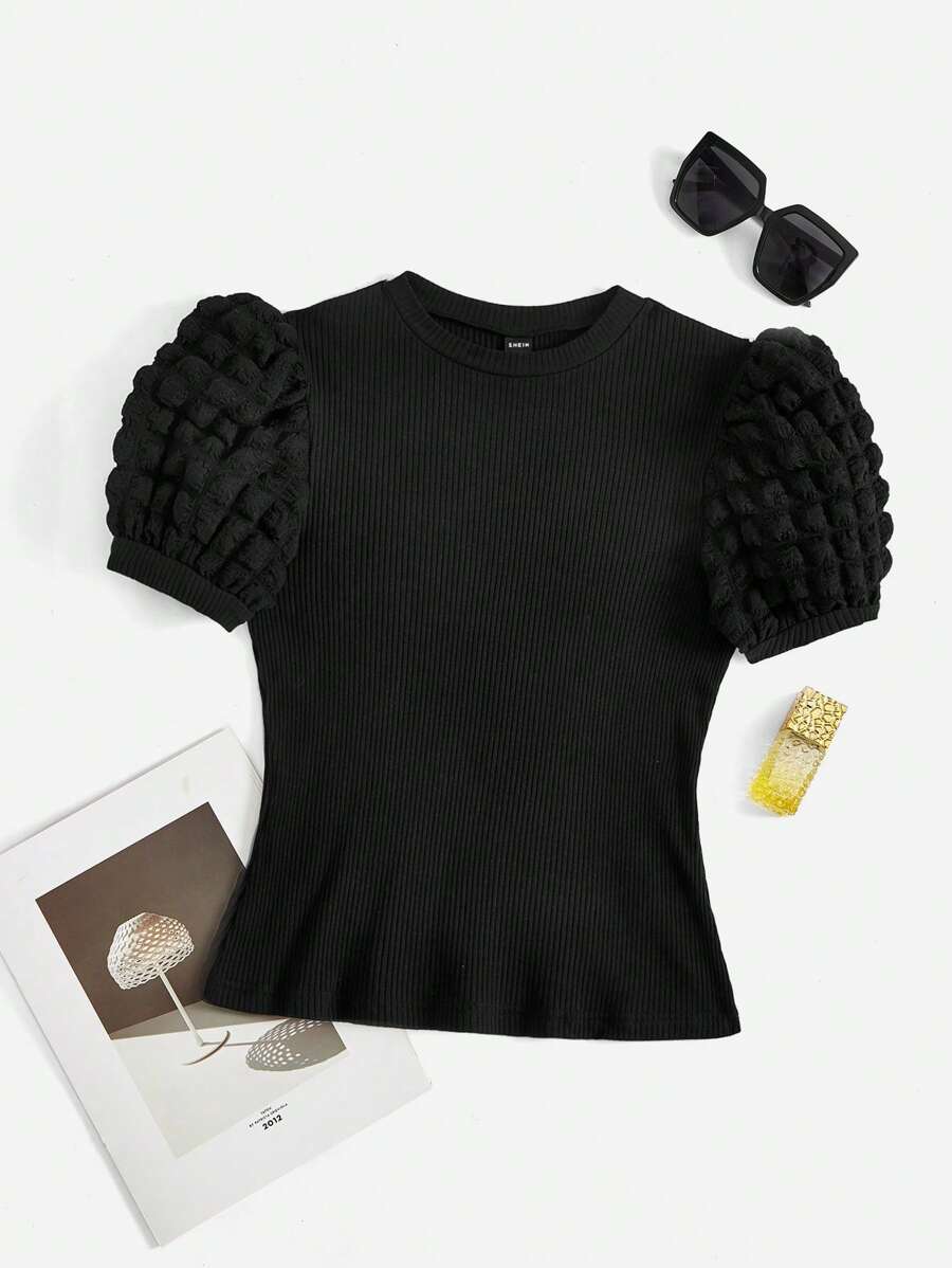 SHEIN MOD Puff Sleeve Rib-knit Tee - Black - View 1