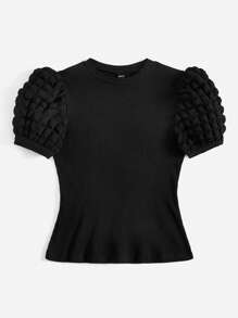 SHEIN MOD Puff Sleeve Rib-knit Tee - Black - View 3